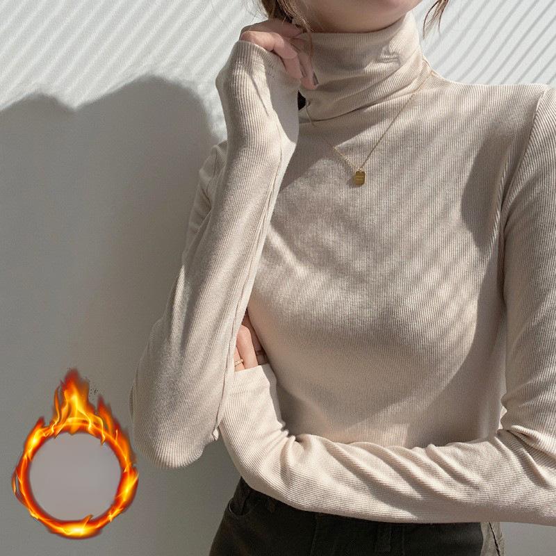 Threaded Cotton High-neck Base Shirt for Women Long-sleeved T-shirt Autumn and Winter Clothes Slim Fit and Shoulder Top