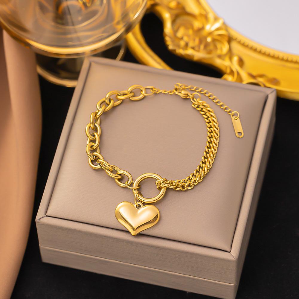 18K Gold Plated 316L Fashionable Titanium Steel Bracelets Waterproof Heart Roman Numerals Queen's Chain Link Bangles