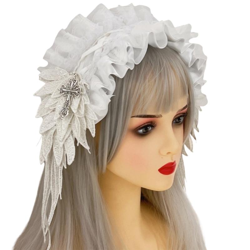 Elegant Black Gothic Headband Featuring Intricate Lace Patterns And Ornate Metal Crosses Charm Gothic Lace Hair Accessory