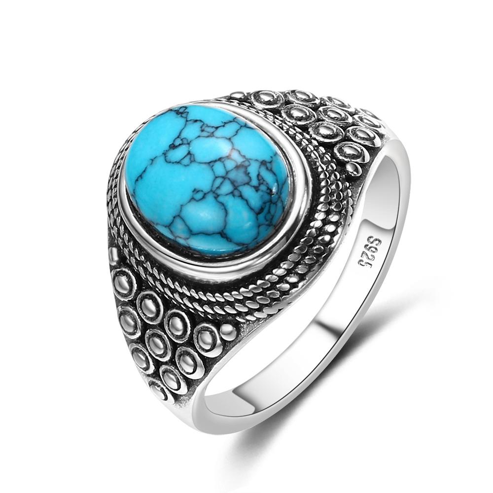 S925 Silver Oval Natural Turquoise Ring for Men and Women