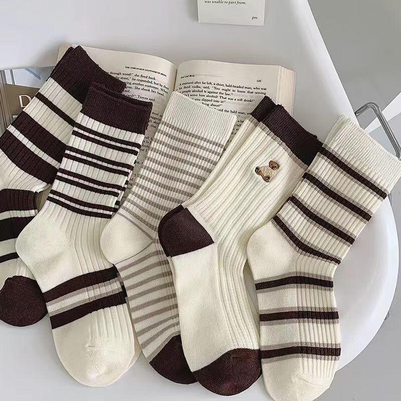 Pabei Black and White Striped Mid-Calf Socks (10 Pairs)