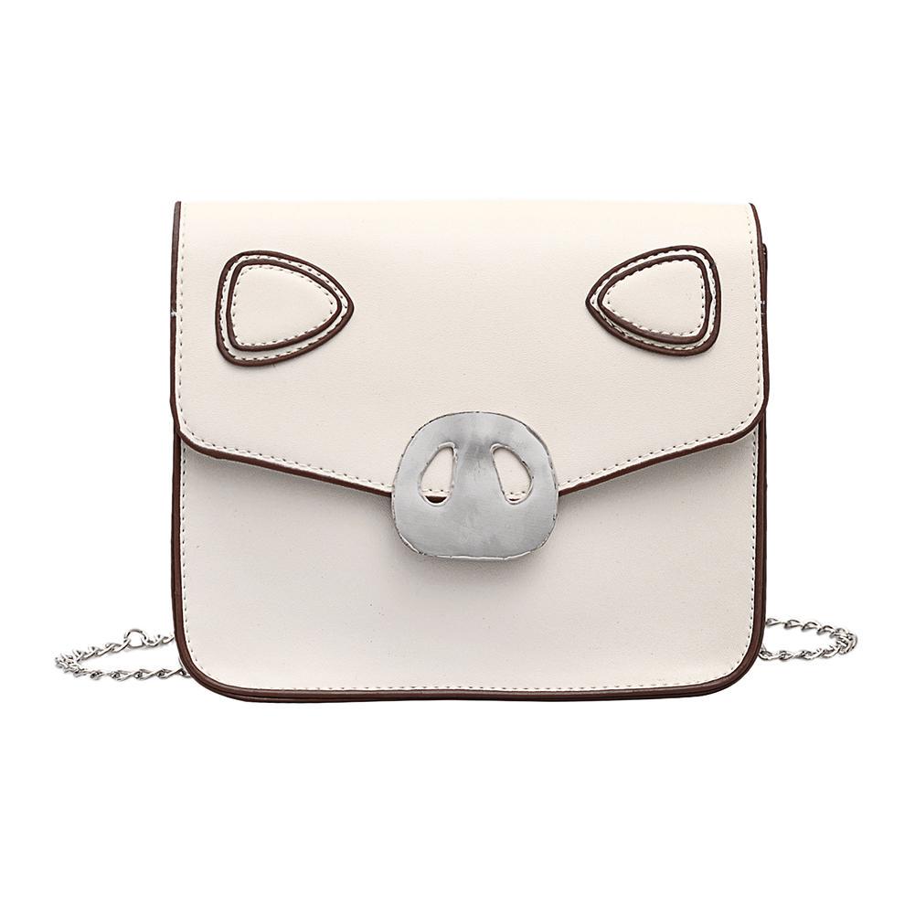 White Faux Pearl Pig Nose Fashion Lady Faux Leather Flap Square Crossbody Shoulder Bag