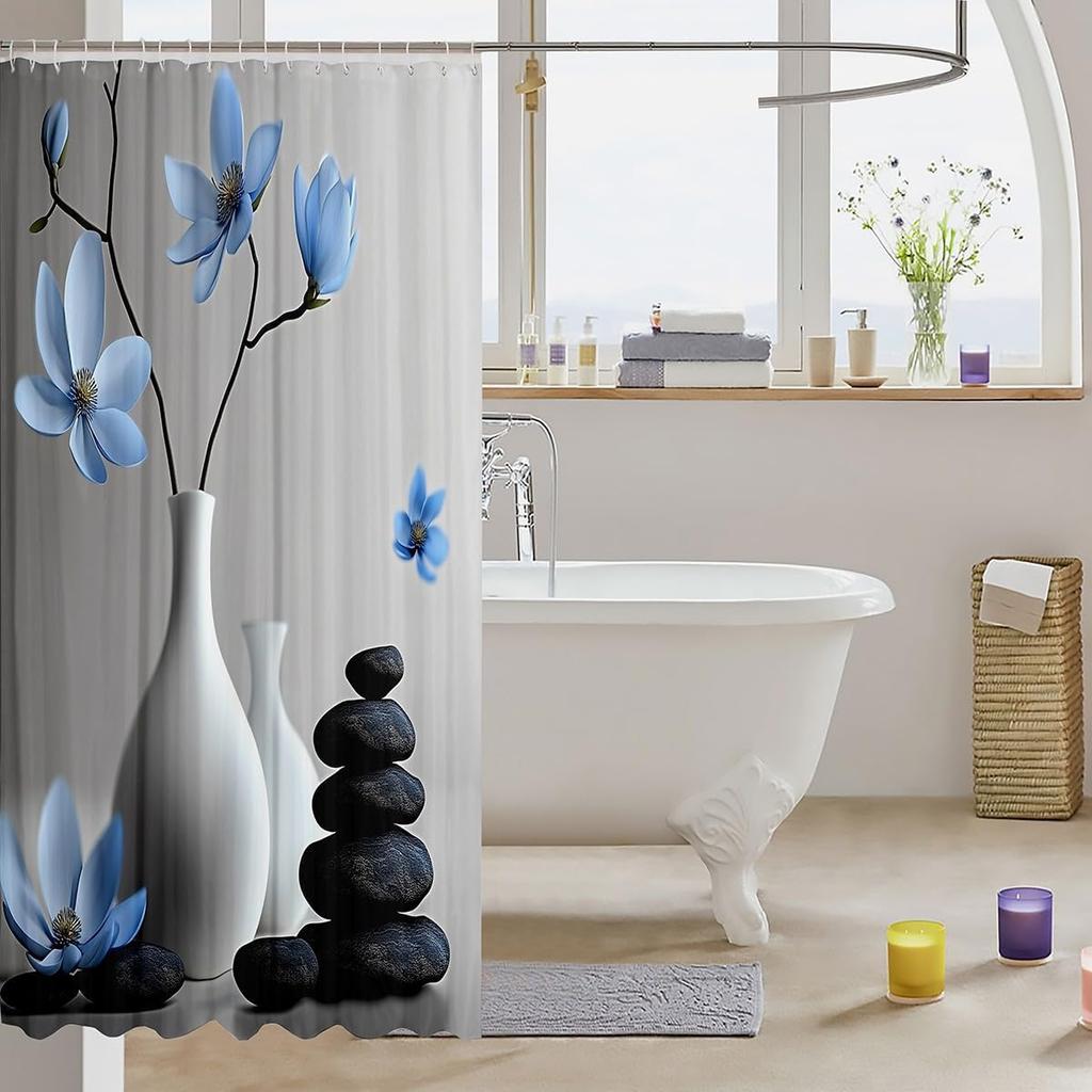 Zen Stones Bath Curtain with Hooks,White Vase Blue Flowers Aesthetic Waterproof Shower Curtain,Japanese Floral Simple Bathroom