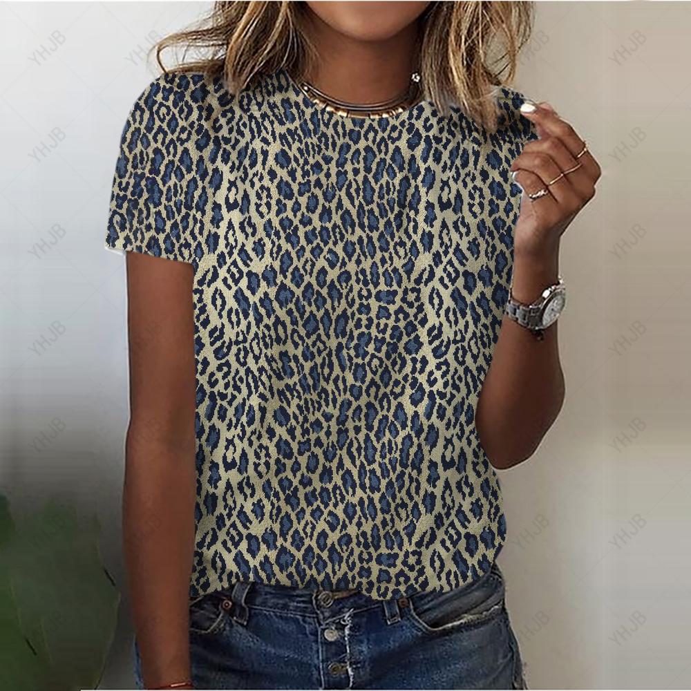 Sexy T-shirt for Women, Fashionable Leopard Print Casual Shorts, Girls Sleeve T-shirt, Beautiful Street T-shirts, Round Neck T-shirt for Women