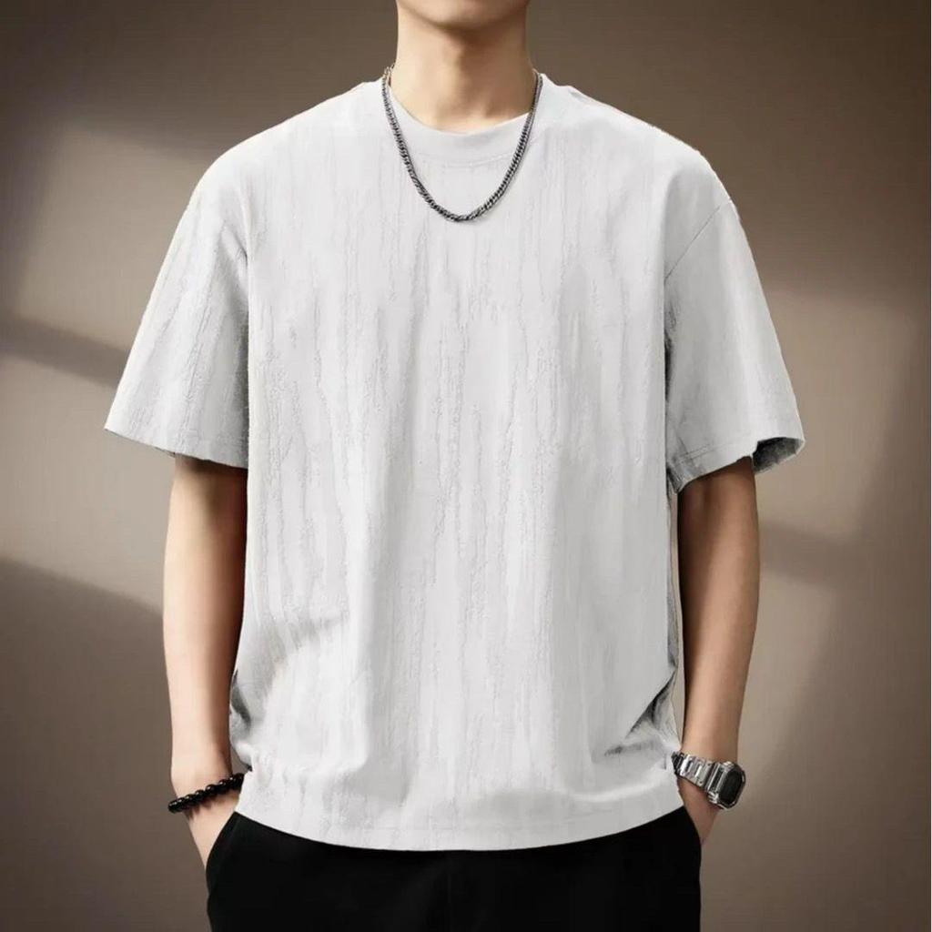 Men's Brown Textured Oversized Short-Sleeve T-Shirt Casual Loose-Fit Solid Color Comfortable Daily Top