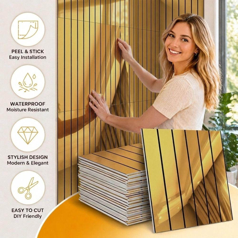 10PCS Self-Adhesive Faux Grille Mirror Wall Sticker Reflective Stripe Pattern Wall Panel Sticker Shining Surface Waterproof