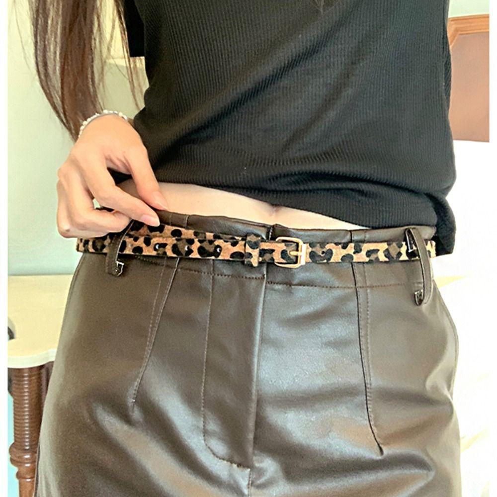Metal Buckle Leopard Pattern Belt PU Leather Dress Decoration Fashion Thin Waist Belt  Students