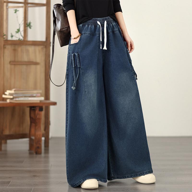 Plus Size Retro Denim Wide-Leg Skirt Pants - Women s Casual Loose Fit for Spring/Summer M синий