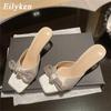 Fashion Eilyken Summer Glitter Crystal Butterfly-knot Slippers Women Fashion Square Toe Transparent Low Heels Female Slides Shoes