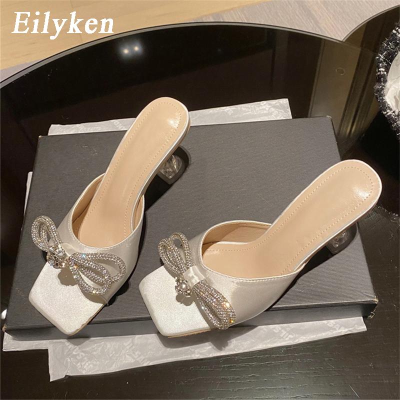 Fashion Eilyken Summer Glitter Crystal Butterfly-knot Slippers Women Fashion Square Toe Transparent Low Heels Female Slides Shoes