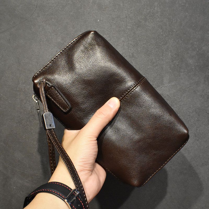 Men Genuine Leather Retro Long Casual Clutch Brown