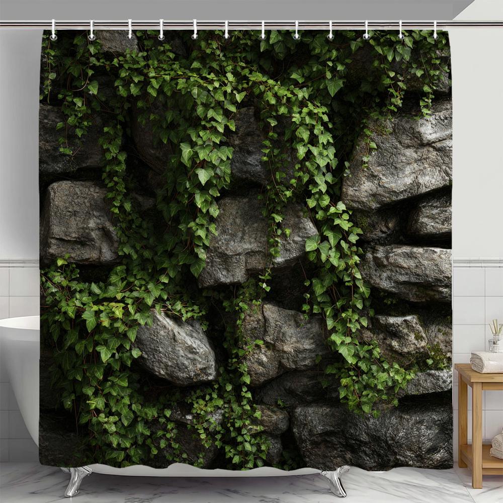 Rural Brick rock and plant landscape Shower Curtain, Floral  Decorative Bathroom Curtain, polyester Shower Curtain with Hooks