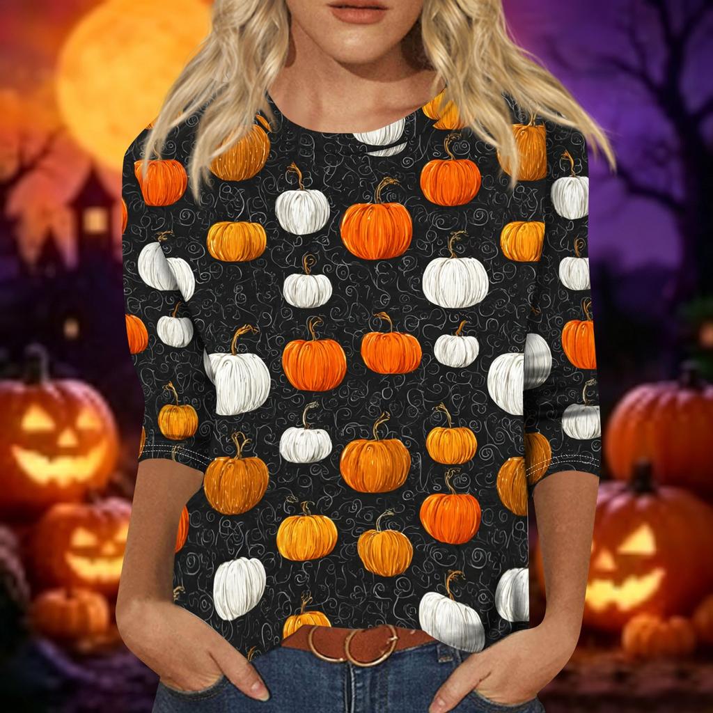 Women Casual Three Quarter Sleeve Halloween Pumpkin Print Crew Neck Top Lightweight Comfortable Fall Shirt for Everyday Wear