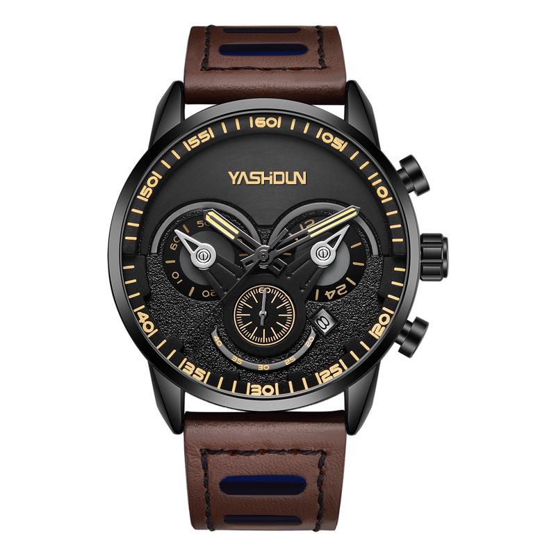 Men s Multifunctional Quartz Watch with Leather Strap - Trendy and Unique Design