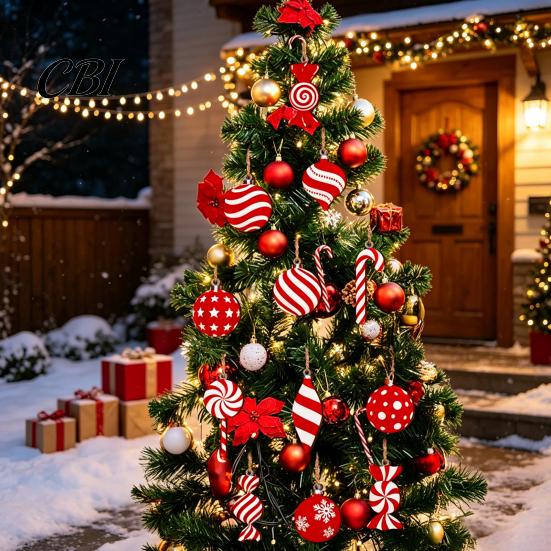 Seasonal Tree Ornament Set 12/24/36 Pcs Wooden Candy Cane Christmas Ornaments, Hanging Lollipop Ball Decor, Double-Sided Indoor Holiday Party Supplies