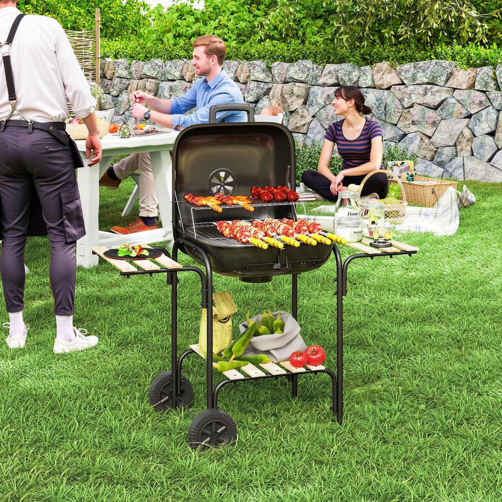 Holzkohlegrill aus Stahl Grillwagen mit abschließbarem Deckel Grillrost Räder Griff Holzablage 98 x 54 x 91 cm Schwarz