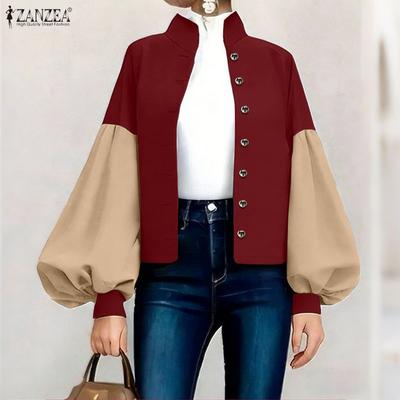 Women CasuaL Stand Collar Splice Puff Long Sleeve Blouse