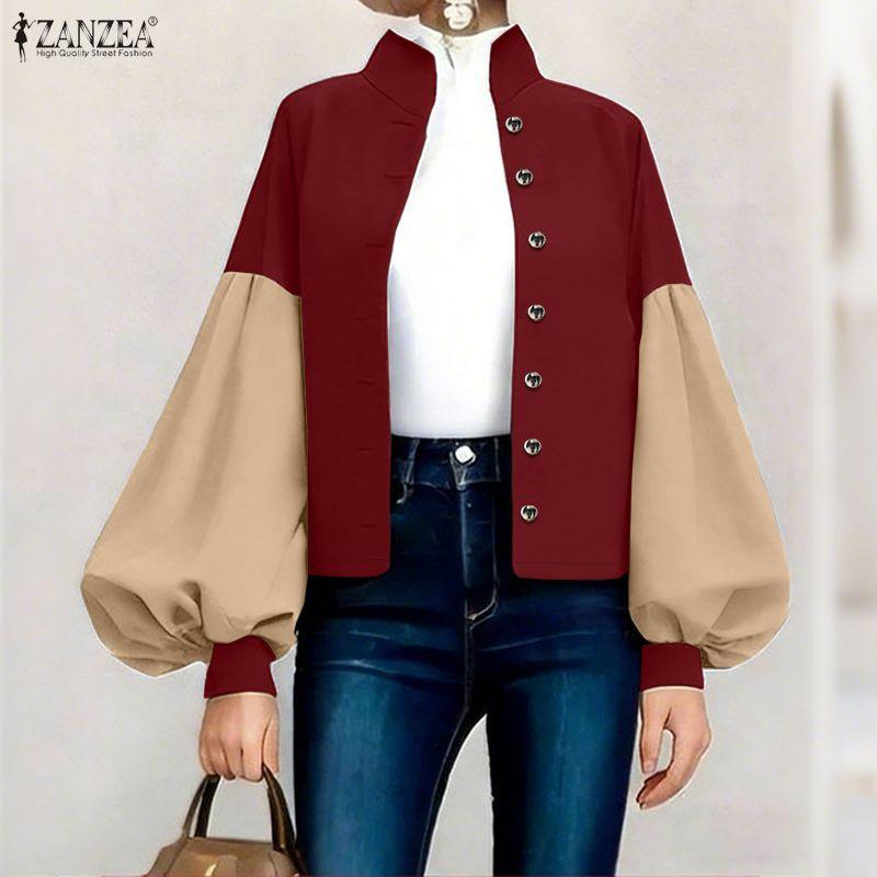 ZANZEA Women CasuaL Stand Collar Splice Puff Long Sleeve Blouse