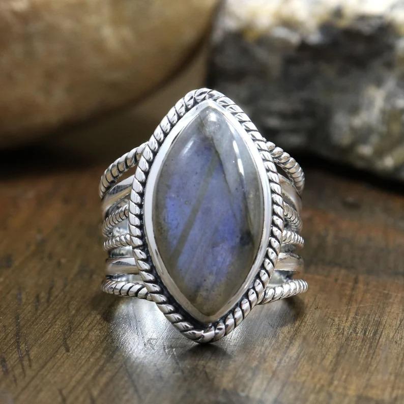 Natural Labradorite Gemstone Ring, Handmade Jewelry, Wedding Jewelry, Fashion Jewelry, Bohemian, 925 Sterling Silver