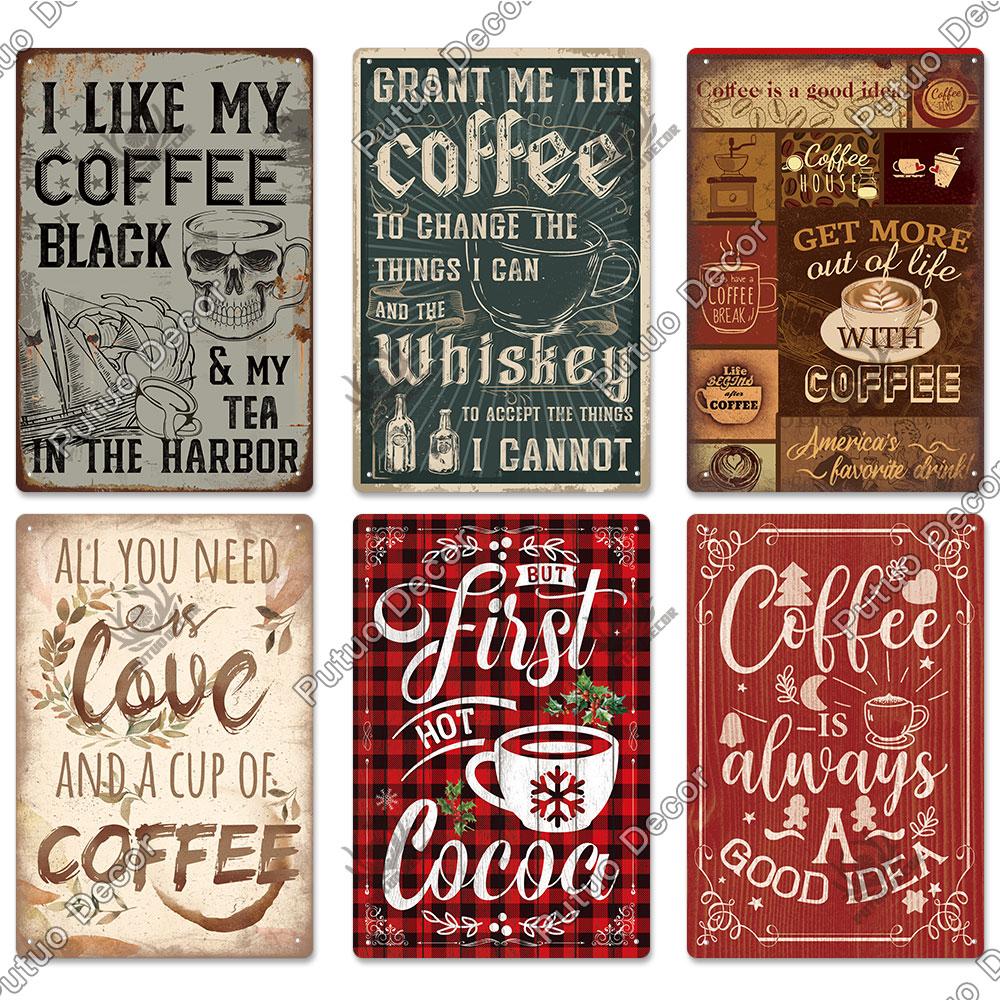 Putuo Decor Coffee Tin Sign Vintage Plaque Metal Plates Shabby Chic Wall Art Poster for Cafe Bar Living Room Home Man Cave Decor