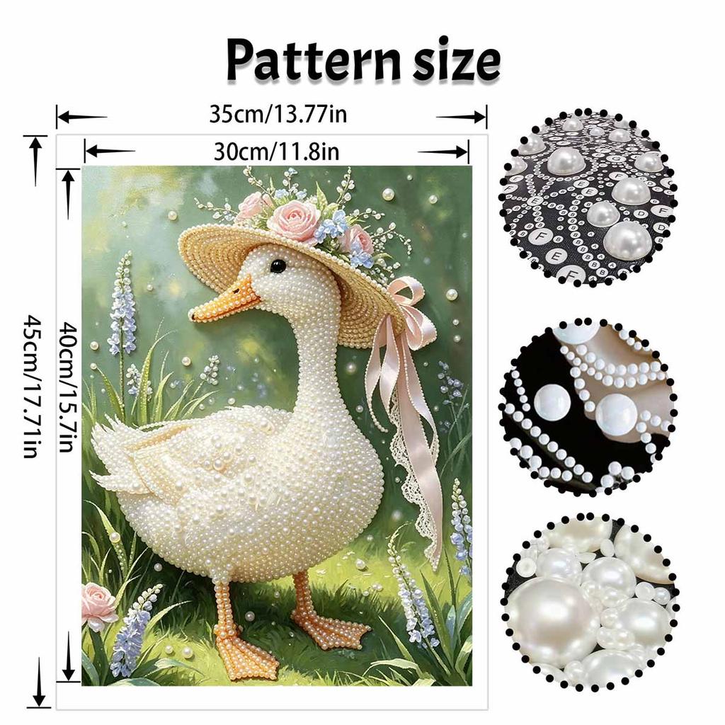 Pearl painting kit features elegant duck with floral hat 5D pearls mosaic art style home wall decoration.