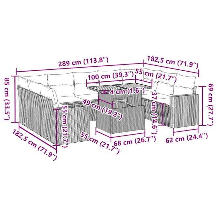 VidaXL Salon de jardin avec coussins 10 pcs gris résine tressée, ensemble de canapés d'extérieur, ensemble de canapé d'angle 3327085