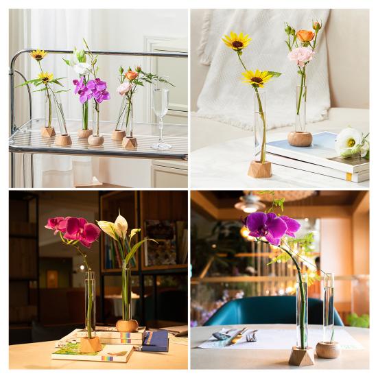 Glass Tube Vase with Wood Base Minimalist Flower Vase Single Stem Flower Vase for Flower Cuttings Home Table Centerpiece Office Desk