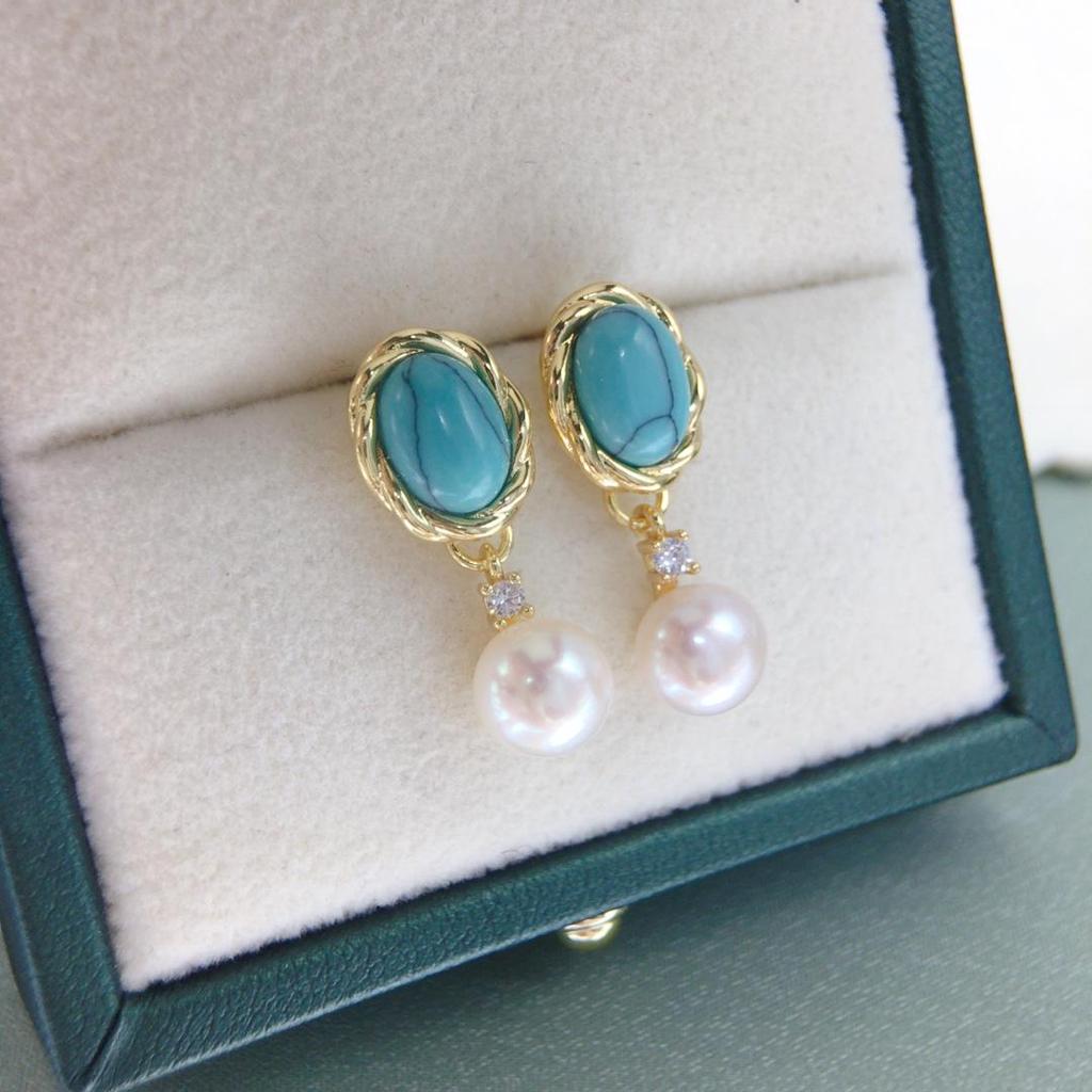 Natural Freshwater Pearl & Turquoise Earrings - Retro Court Style