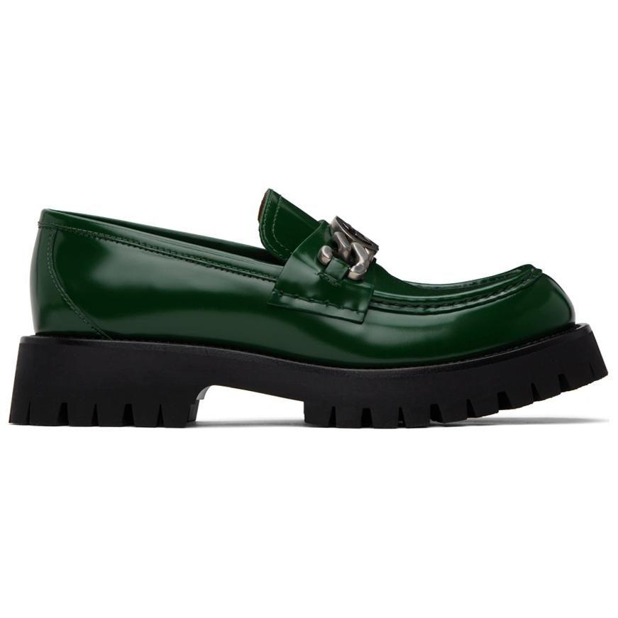 GUCCI Interlocking Leather Loafers Men's Green Black 752093 DS800 3154