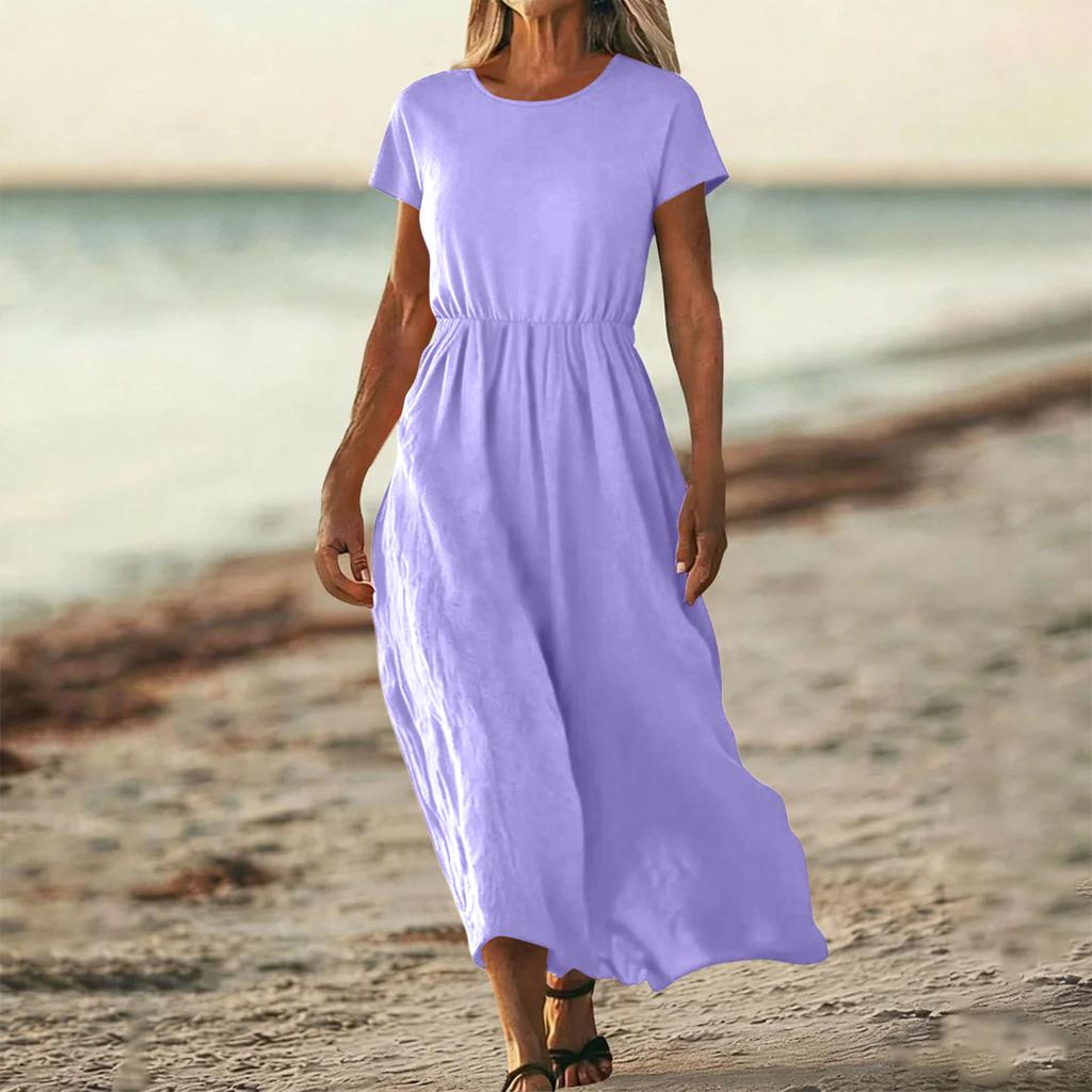 O-Neck Dress For Women Casual Comfy Cotton Linen Short Sleeve Tunic Beach Dresses With Pockets