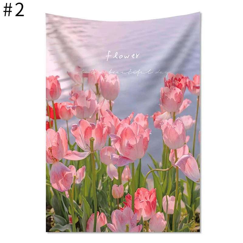 VIKAMA Tulip Flower Field Tapestry Fresh Pink Floral Field Motif Tapestry InstagramStyle Room Decorative Tapestry 74x94cm(29x37in)