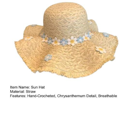 Sun Hat Hand-Crocheted Chrysanthemums Large Brim Strong Sun Protection Wave Shape Face Slimming Vacation Style Travel Hat