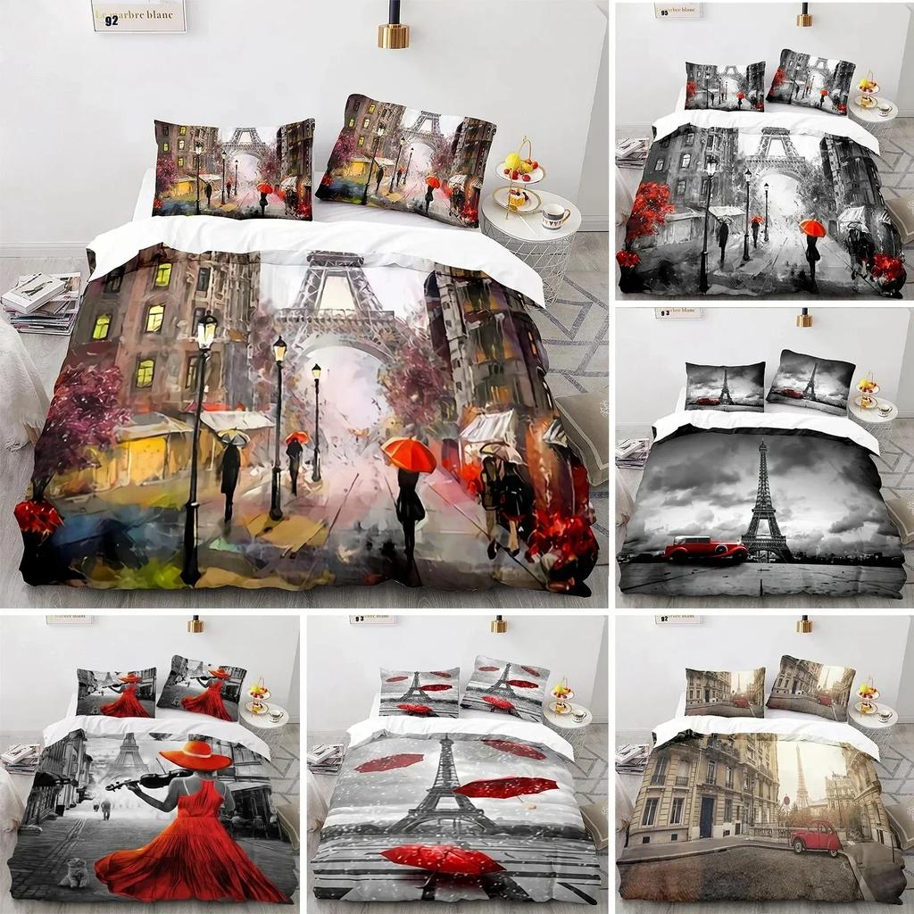 Eiffel Tower Duvet Cover Paris France Bedding Set Retro Red Truck Quilt Cover City Building Automobile Polyester Cover Bed Sets