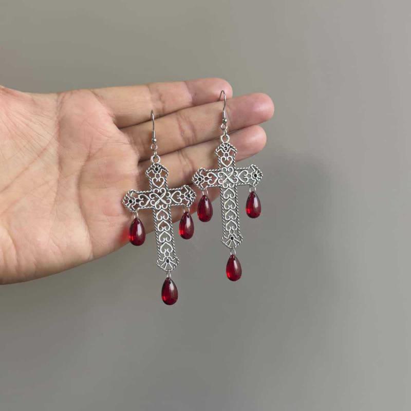Gothic Red Crystal Heart Cross Earrings - Trendy Dark Retro Style