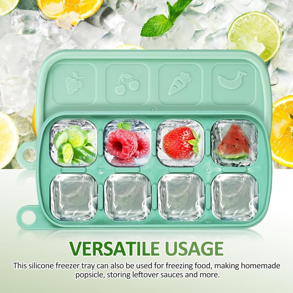 PRETYZOOM Silicone Ice Cube Tray with Lid, Easy Release Freezer Tray for Ice and Food Storage, 8-Cube Green Mold for Freezing Drinks, Juices, and