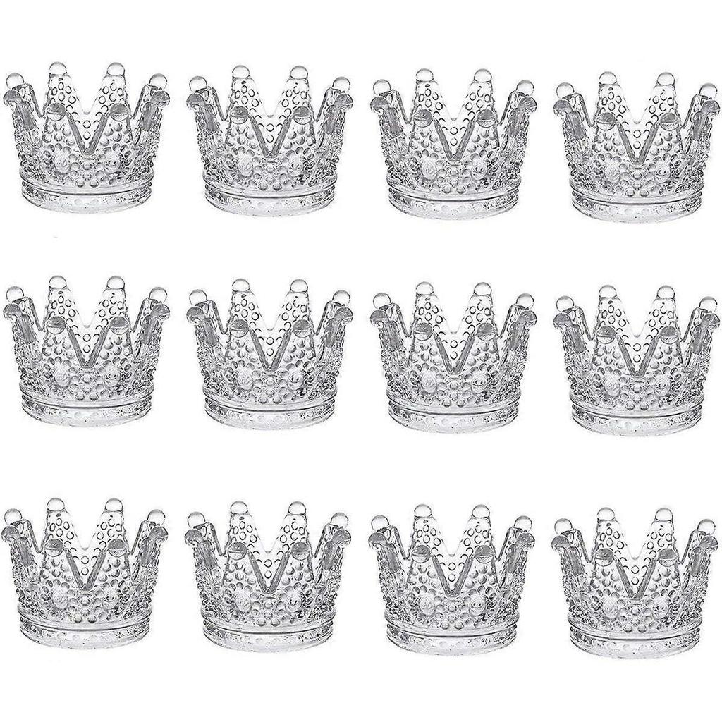 Set of 12 Decorative Clear Glass Crown Tealight Holders for Wedding, Party, Dinner, Home Table Decor.