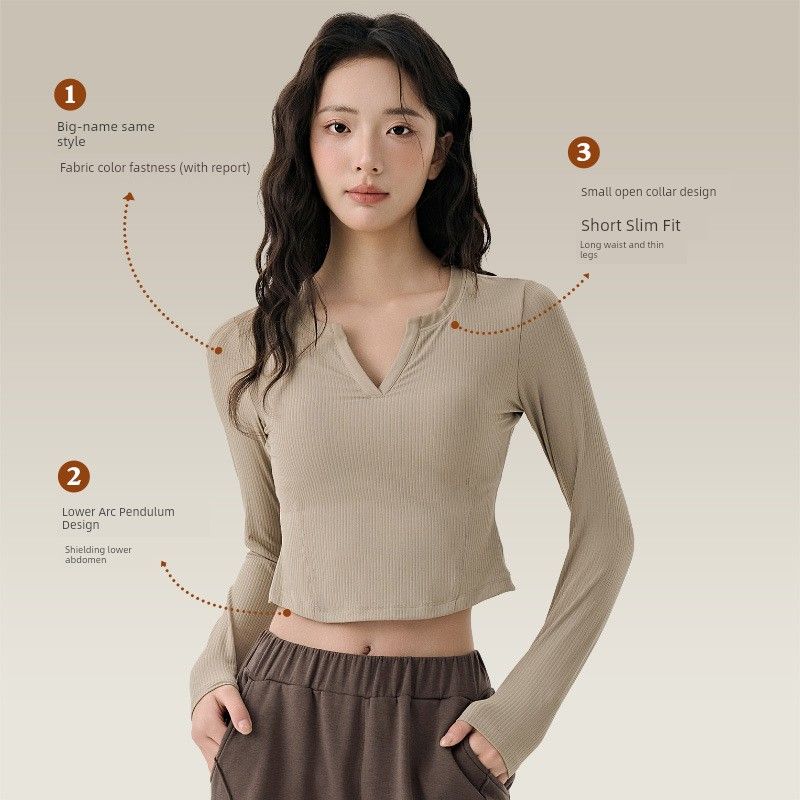 Lu Same Yoga Clothes Long Sleeves Women's Fixed Cup Rib Silm Slim Looking Sports T-Shirt Fitness Pilates Training Wear