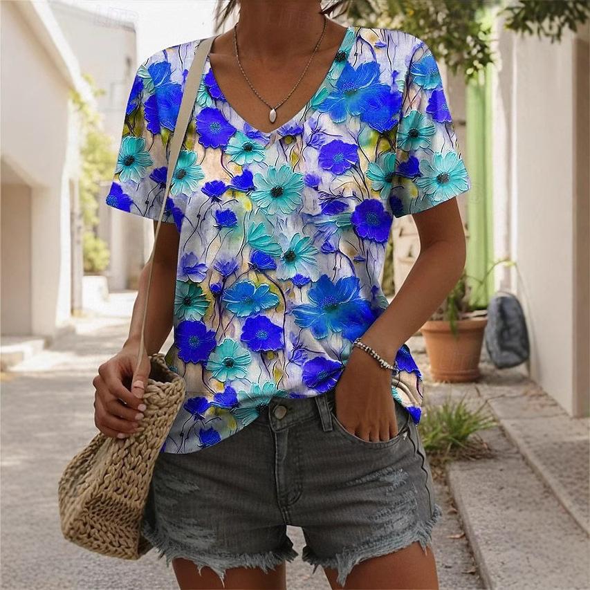 Summer New 3D Printed V-neck Women's Loose Casual Short Sleeved T-shirt