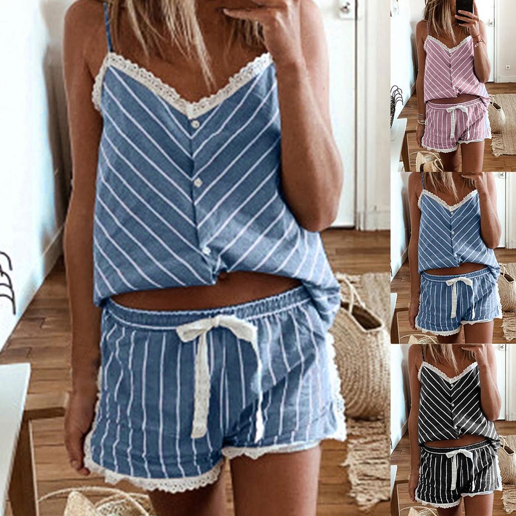 Women Print Pajamas Sleeveless Lace Cami Shorts Lingerie Sleepwear Set