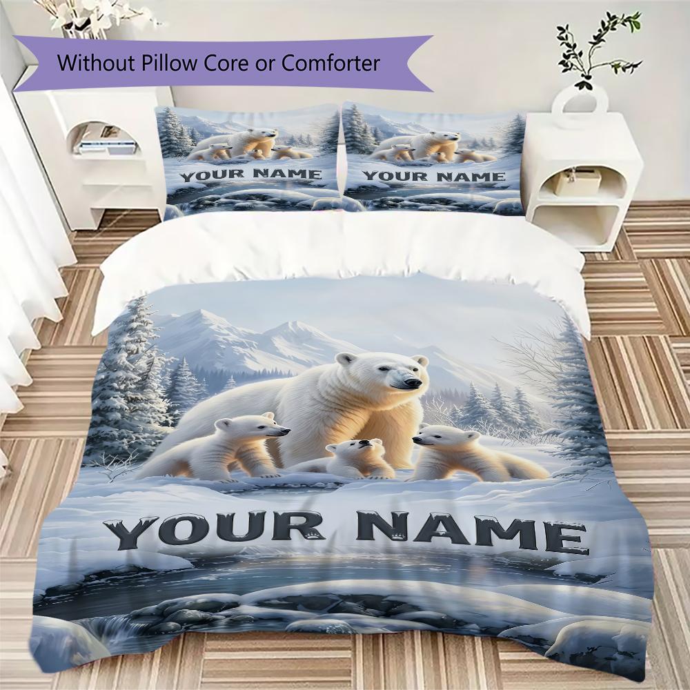 Custom Name Polar Bears Winter Bedding,Quilt Set Quilt Cover Pillowcase Home Birthday Gift(1 * duvet cover + 2 * pillowcase, without core)_lx