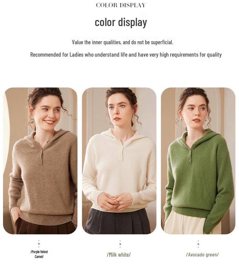 Women's 2024 Thickened Cashmere Half-Button Hoodie Sweater - Casual, Versatile Knit Outerwear
