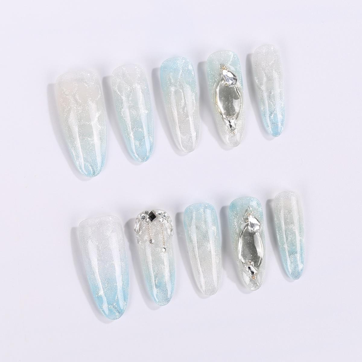 Ice Blue Shattered Glitter Press-On Nails: Handmade, High-Grade, Fresh Wave Gradient, Cat Eye Tips, French Style, Skin-Brightening. Medium
