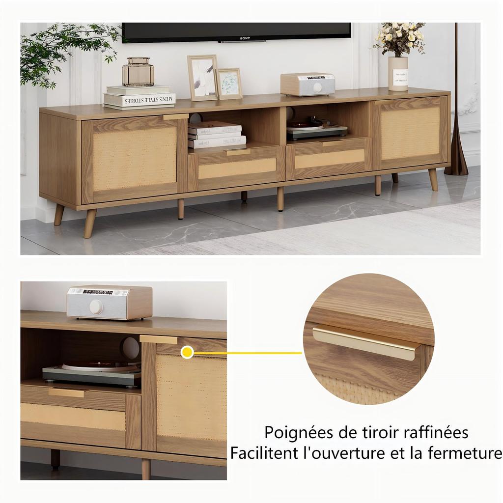 (=N625P237970971A)TV Stand, 200*37*49 cm, Plastic Rattan Design TV Stand, Solid Wood Legs TV Stand, Rattan TV Panel