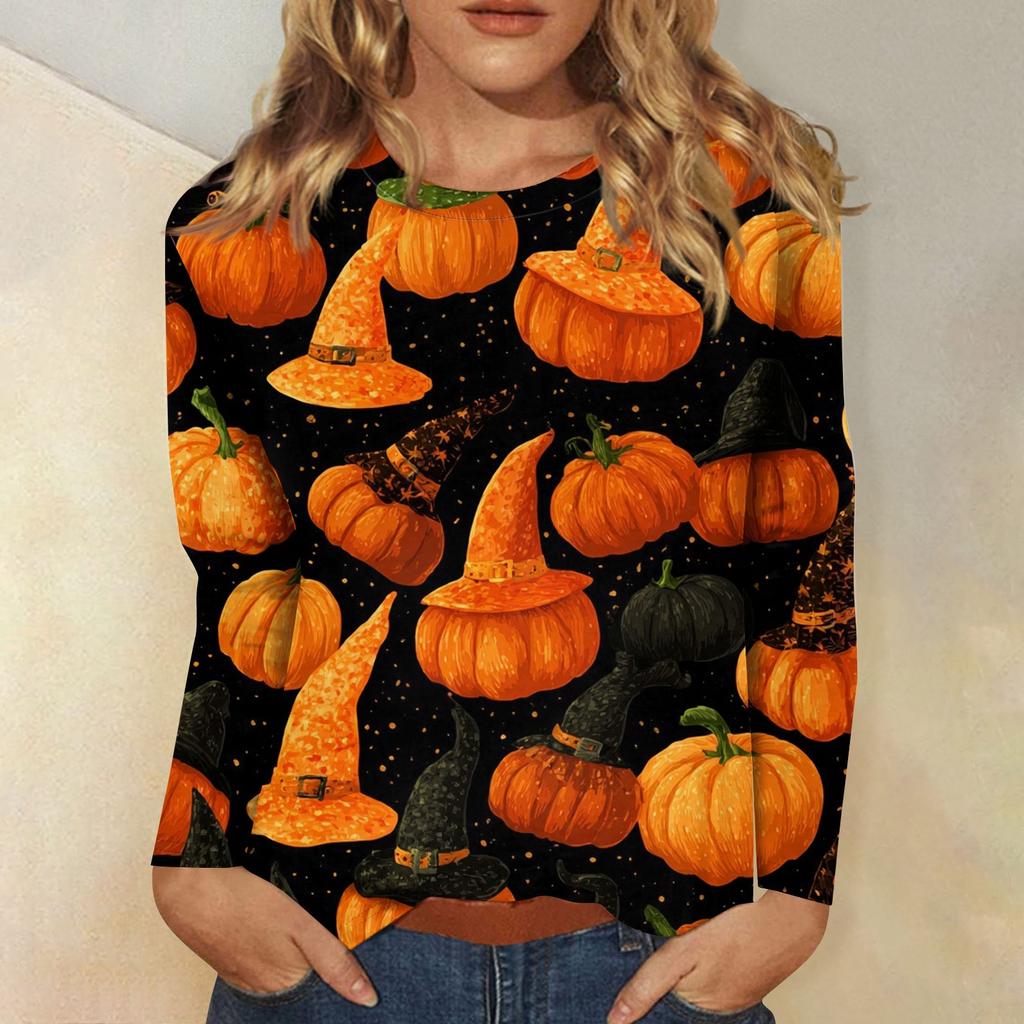 Women's Long-sleeved Loose-necked Halloween Print Casual Top, Suitable for Holiday Parties