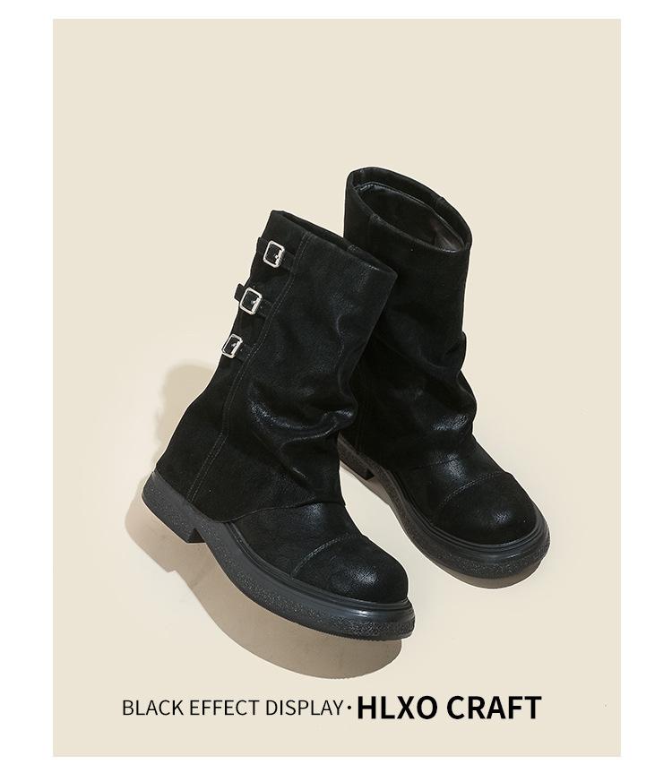 

Версия из коровьей кожи панк толстая подошва западные ковбойские сапоги пряжка ремня толстый каблук сапоги-трубы для брюк Spice girl универсальные короткие ботинки Мартин 40 чёрный