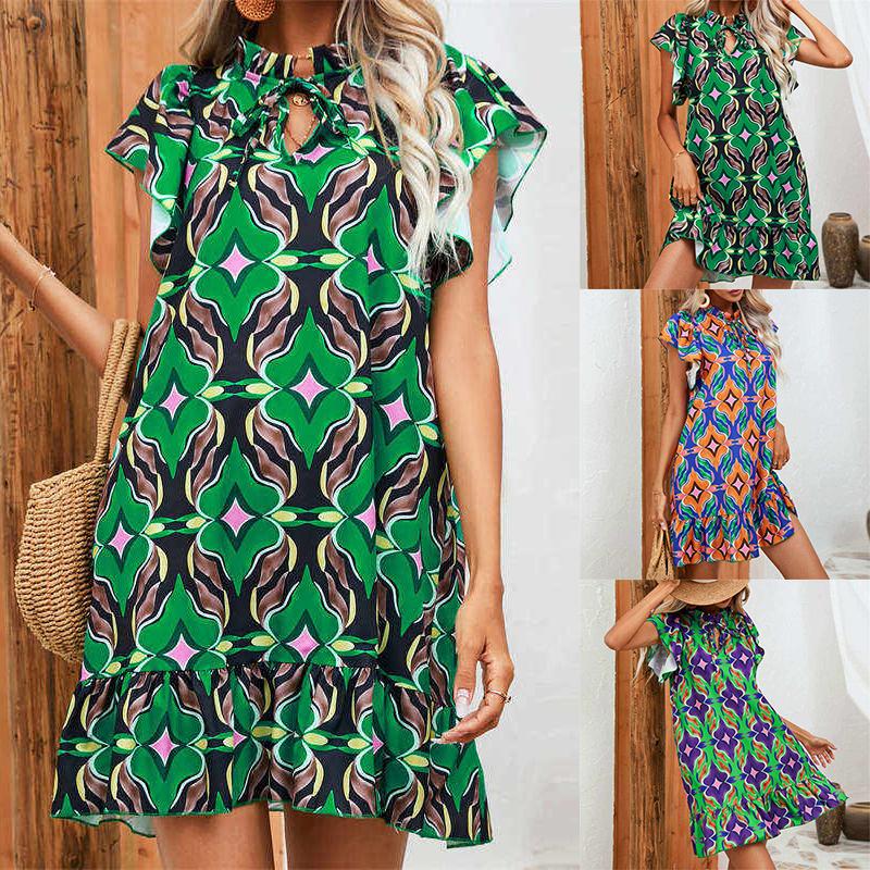 

Printing Skirt Dress Summer Fashion A-Line Skirt Round Collar Short Sleeve