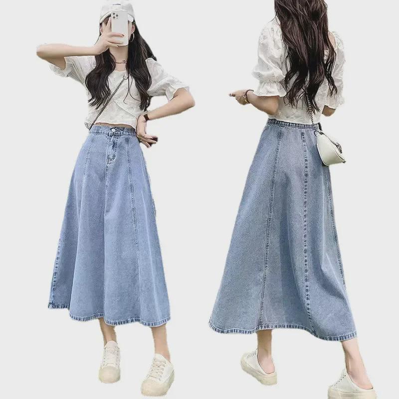 Spódnica damska z wysokim stanem i denimu w kształcie litery A, mała w stylu Hong Kong, jesienna, wąska, średniej długości, z wzorem parasola