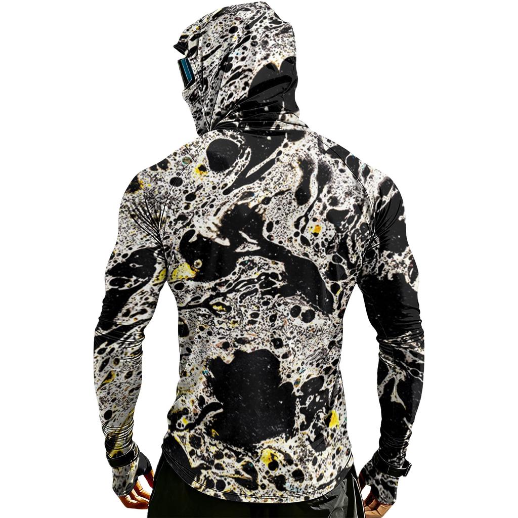 Camicia da Uomo Casual a Manica Raglan con Cappuccio a Manica Lunga Protezione Solare UPF 100 Plus Tessuto Leggero Traspirante Asciugatura Rapida con Stampa Testurizzata