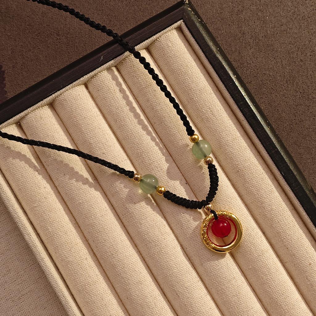 Imitation Agate Safety Buckle Pendant Necklace, Guochao Ancient Style Light Luxury High-End Sense Beaded Woven Necklace