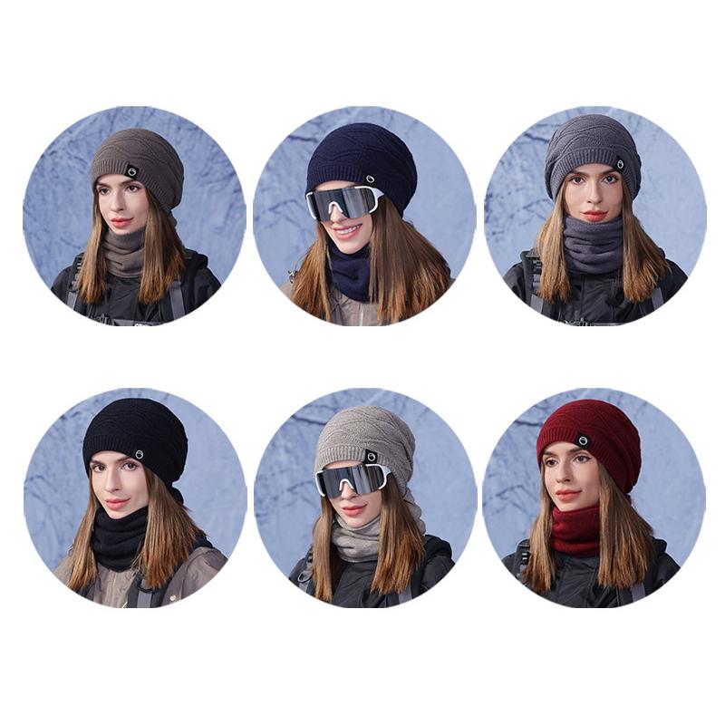 Vinterlue Skjerf Todelt Sett Dame Utendørs Fløyel Varm Øreklaffer Strikket Ullue